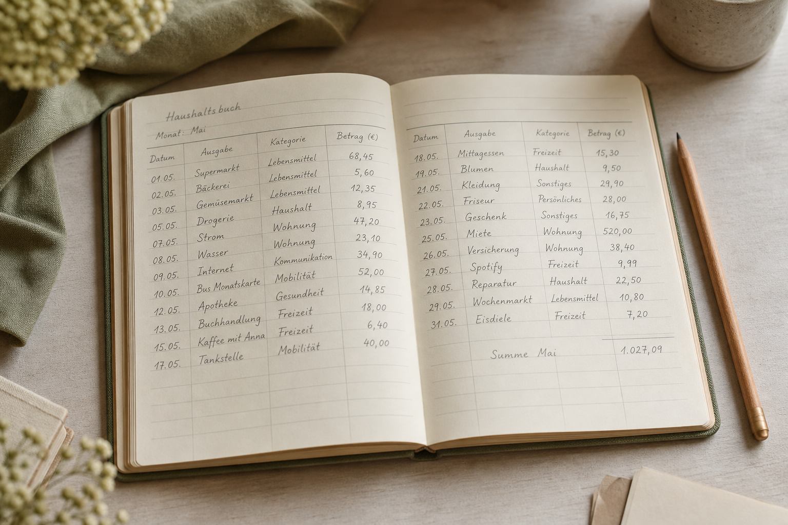 Offenes Haushaltsbuch mit handschriftlichen Ausgabenzeilen auf Papier