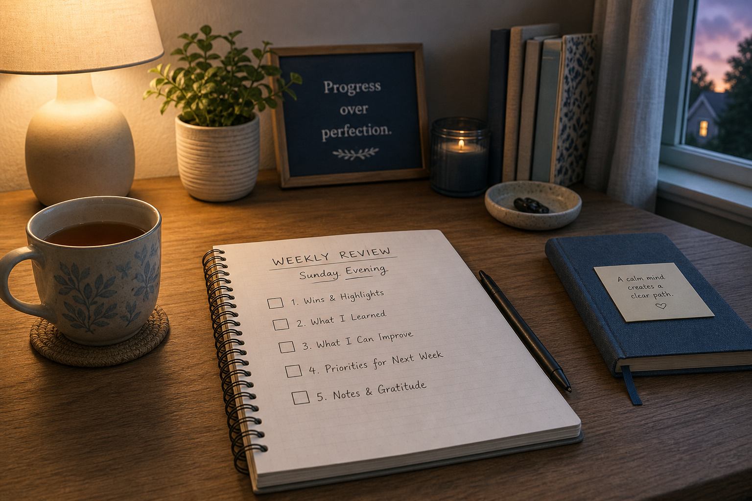 Wochen-Checkliste im Heft neben einer Teetasse