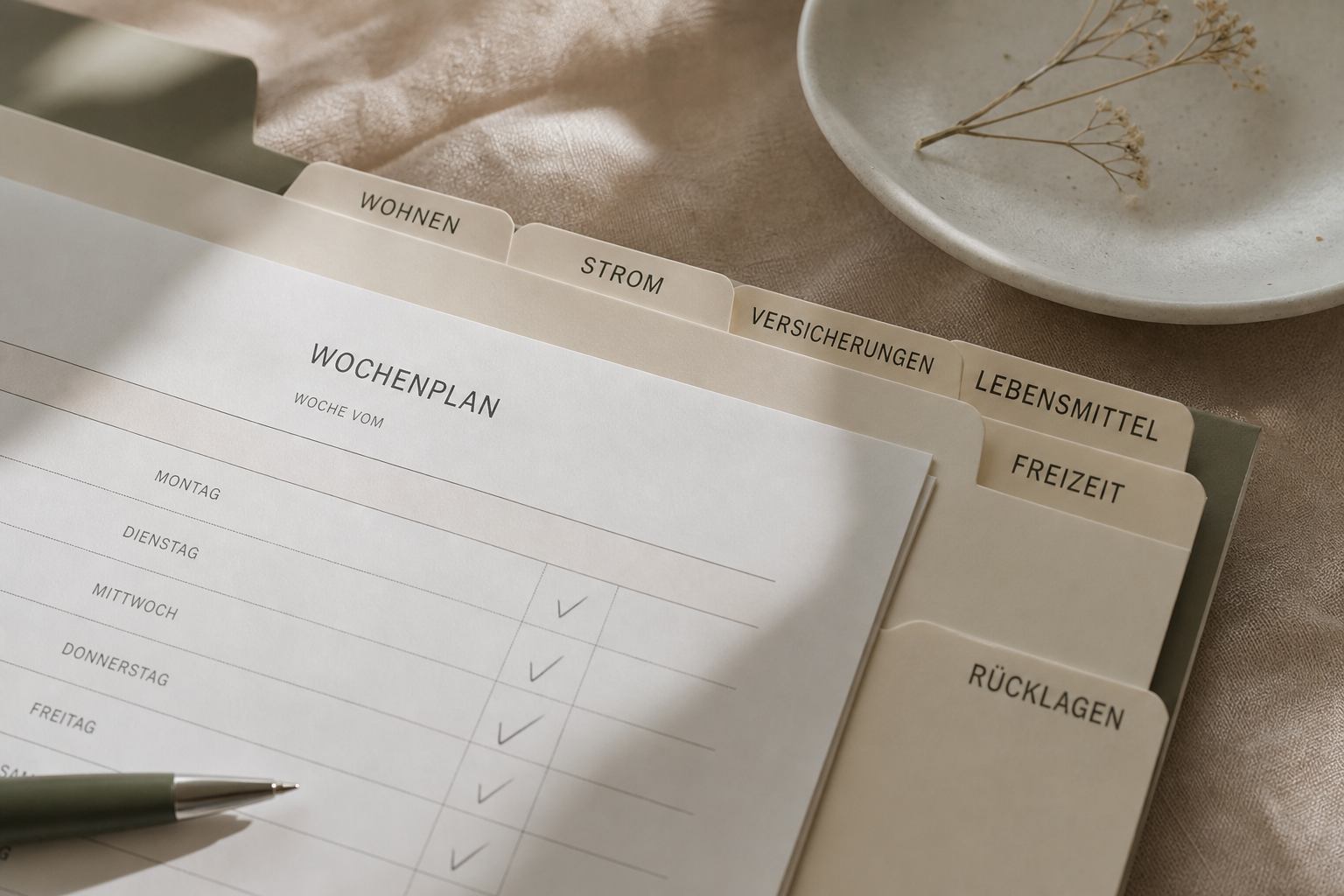 Papierordner mit Ausgabenreiter und Checkliste